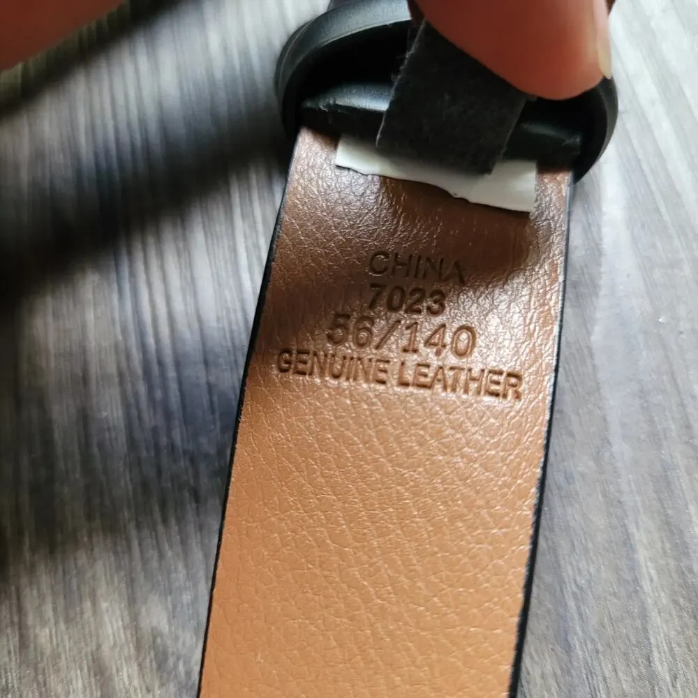 Men's Genuine Leather Belt Size 56 Black Silver Tone Hardware Long Business - Picture 3 of 6
